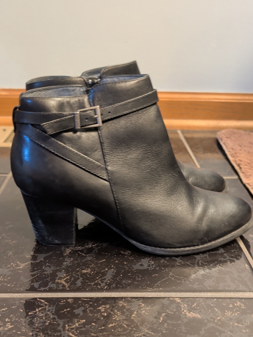 Vionic Black Leather Ankle Booties with Buckle Strap